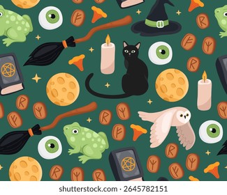Dia das Bruxas padrão perfeito. Ilustração mágica do dia das bruxas sobre um fundo verde escuro. Vassoura de bruxa, chapéu, gato preto, coruja, sapo, vela, lua, runa, livro. Design para papel de embrulho, impressão.
