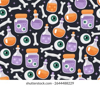 Halloween seamless pattern. Magic poisons, witches' orange and purple potions in glass flasks, jars, bones and eyes on a black background. Design for wrapping paper, print.