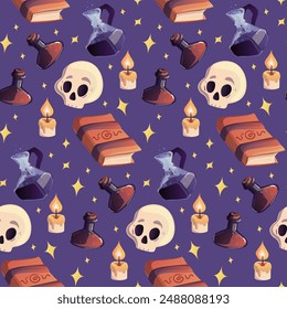 Halloween Seamless Pattern. Magic potions, candles, skulls, magic. Black spooky wallpaper illustration. Scary holiday horror sketch art. Magic halloween pattern print