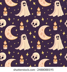 Halloween Seamless Pattern. Magic potions, candles, skulls, magic. . Black spooky wallpaper illustration. Scary holiday horror sketch art. Magic halloween pattern print