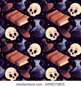 Halloween Seamless Pattern. Magic potions, candles, skulls, magic. Black spooky wallpaper illustration. Scary holiday horror sketch art. Magic halloween pattern print