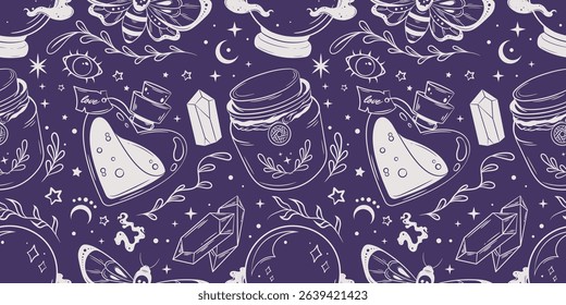 Halloween seamless pattern. Magic wrapping paper design with elements for witchcraft. Hand drawn style background.