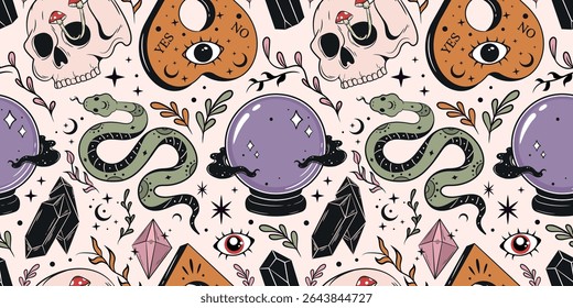 Halloween Seamless Pattern. Magic wrapping paper design with elements for witchcraft. Flat style background. 