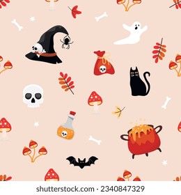 Halloween seamless pattern with magical elements.Witch hat, potion, black cat, skull and bones, fly agaric and toadstools,ghost and bat.Colorful print for autumn holidays.Vector cartoon illustration.