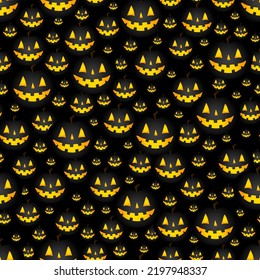 Halloween Seamless Pattern With Many Black Pumpkins On Dark Background. Jack O Lantern, Pumpkin With Cut Face And Good Smile. Vector Print For Holiday And Party Design, Fabric, Kids Fancy Dress.