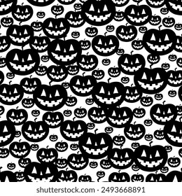 Patrón sin fisuras de Halloween con muchas calabazas negras sobre fondo blanco. Jack o linterna, calabaza amable con cara cortada y buena sonrisa. Estampado de Vector para el diseño de vacaciones, textil interior, vestido de lujo para niños.
