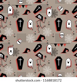 Halloween seamless pattern with memphis geometric art 90s style vector.