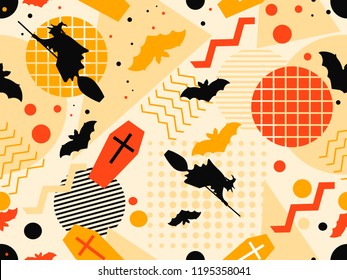 Halloween seamless pattern in memphis style. Witches on a broomstick with bats and geometric figures. Vector illustration