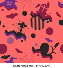 Halloween seamless pattern in memphis style, geometric shapes. Scary pumpkins, gravestones, bats and crows. Vector illustration
