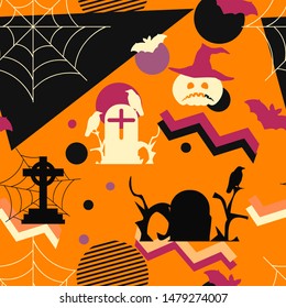 Halloween seamless pattern in memphis style, geometric shapes. Scary pumpkins, gravestones, bats and crows. Vector illustration