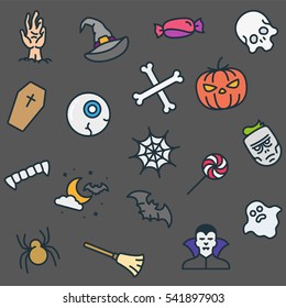 Halloween Seamless Pattern Minimalistic Color Flat Line Outline Stroke Pictogram on a Dark Background 