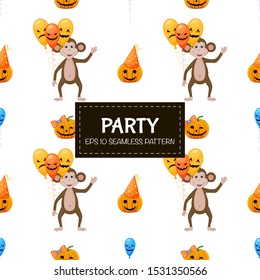Halloween seamless pattern with monkeys. Cartoon style. Vector illustration.