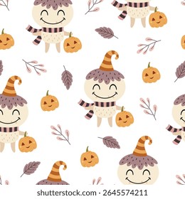Halloween seamless pattern with monster, pumpkin and fall leaves. Spooky Halloween hand drawn vector pattern in flat style