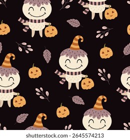 Halloween seamless pattern with monster, pumpkin and fall leaves. Spooky Halloween hand drawn vector pattern in flat style