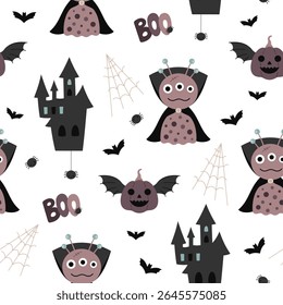 Halloween seamless pattern with monster, pumpkin, spiderweb, bat, castle. Spooky Halloween hand drawn vector pattern in flat style