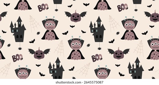 Halloween seamless pattern with monster, pumpkin, spiderweb, bat, castle. Spooky Halloween hand drawn vector pattern in flat style