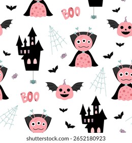 Halloween seamless pattern with monster, pumpkin, spider, spiderweb, bat, castle. Scary vector illustration	
