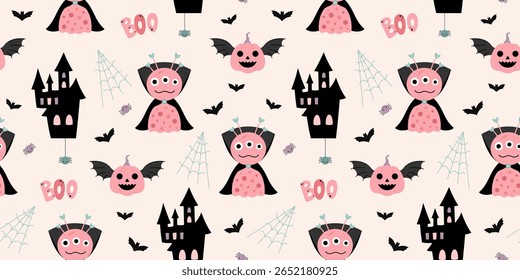 Halloween padrão sem emenda com monstro, abóbora, aranha, teia de aranha, morcego, castelo. Ilustração de vetor assustador	
