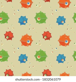 Halloween seamless pattern of monsters eyeballs. Trendy Pop Art style