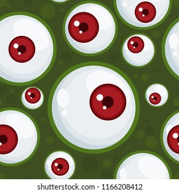 Halloween seamless pattern with monsters eyes on green rot skin.