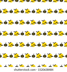 Halloween seamless pattern. Moon, bat and pumpkin. Trick or treat, Guising. Decor for cards, scrap paper, packaging. Flat vector backdrop.
