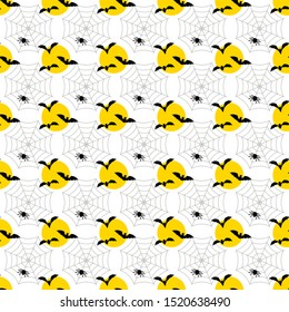 Halloween seamless pattern. Moon, bat, web and spider. Trick or treat, Guising. Decor for cards, scrap paper, packaging. Flat vector backdrop.