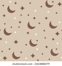 Halloween seamless pattern. Moon and stars on a beige background. Happy Halloween vector illustration.