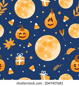 Halloween seamless pattern moon, witch hat, jack lantern, candy, autumn leaves. On a blue background. Bright illustration in cartoon style. For wallpaper, printing on fabric, wrapping, background