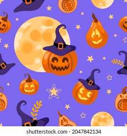 Halloween seamless pattern moon, witch hat, jack lantern, star and leaves. On a purple background. Bright illustration cartoon style. For wallpaper, printing on fabric, wrapping, background.