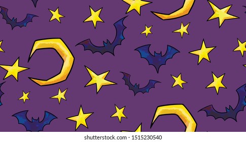Halloween  Seamless pattern and moons  stars  bats 