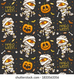 Halloween Seamless Pattern With Mummy And Pumpkin Cute Cartoon Illustration