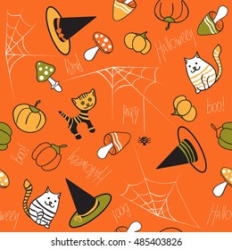 Halloween seamless pattern. Mushrooms, cat, kitty, pumpkin, spider and web on orange background