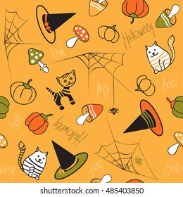 Halloween seamless pattern. Mushrooms, cat, kitty, pumpkin, spider and web on yellow background
