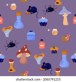 Halloween seamless pattern with mushrooms, cupcakes, mouse and potions