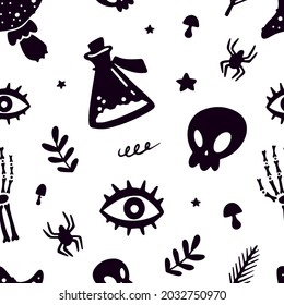 Halloween Seamless Pattern of Mystical Elements on White Background. Funny Cartoon illustration Digital Paper. Spooky Holiday Texture Perfect for Home Decor, Gift Wrapping and Textiles. Vector art