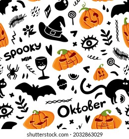 Halloween Seamless Pattern of Mystical Elements on White Background. Colorful Cartoon illustration Digital Paper. Spooky Holiday Texture Perfect for Home Decor, Gift Wrapping and Textiles. Vector art