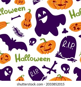 Halloween Seamless Pattern of Mystical Elements on White Background. Colorful Cartoon illustration Digital Paper. Spooky Holiday Texture Perfect for Home Decor, Gift Wrapping and Textiles. Vector art