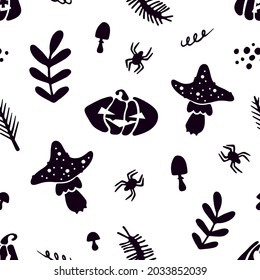 Halloween Seamless Pattern of Mystical Natural Elements on White Background. Cartoon illustration Digital Paper. Spooky Holiday Texture Perfect for Home Decor, Gift Wrapping and Textiles. Vector art
