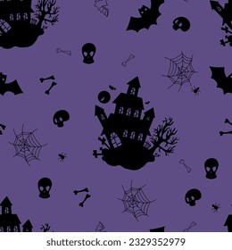 Halloween Seamless pattern with mystical spooky castle house on purple background with skulls and cobwebs. Vector illustration in silhouette doodle style for festive design, decor, packaging.