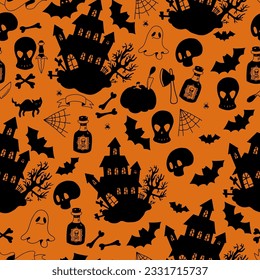 Halloween Seamless pattern with mystical spooky house on orange background with skulls, bats, ghost, black cat and cobwebs. Vector illustration for festive design, packaging, wallpaper, textile.