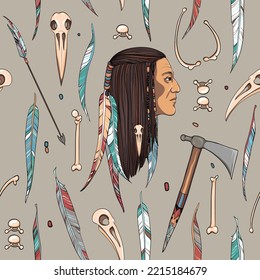 Halloween seamless pattern of native American, bird skulls, feather, and bones. Can be used as a textile pattern