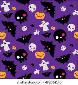 Halloween seamless pattern. Halloween night background with skull, halloween pumpkin, bat, ghost icons. Vector illustration