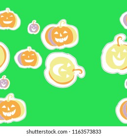 Halloween seamless  pattern,  objects, pumpkins, smile, dashed lines, labels. Hand drawn.