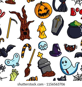 Halloween seamless pattern. October festive colourful cartoon background. Funny holiday vector illustration. Pumpkin, skull and zombie doodle