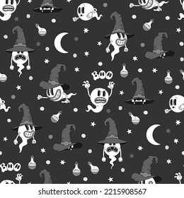 Halloween seamless pattern in old retro cartoon style. Vector grayscale black and white hand drawn illustration.