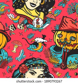 Patrón sin fisuras de Halloween. Tatuaje de la vieja escuela, estilo gótico. Mujer bruja, bola de cristal, Jack O' Lantern. Testigo oscuro de hadas, fondo retro