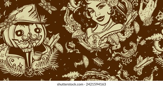 Halloween seamless pattern. Old school tattoo gothic style. Witch woman, Jack O' Lantern, occult hands. Dark fairy tale background