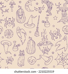 Halloween Seamless Pattern on beige background. Hand drawn Line art Halloween texture.