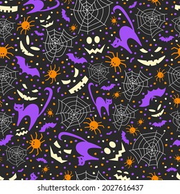 Halloween seamless pattern on black background. The pattern includes a cat, spider, bat, cobweb, of Jack-o-lantern emotions. Vector illustration in black, purple and orange colors .