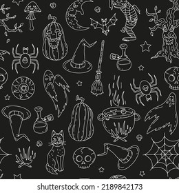 Halloween Seamless Pattern on black background. Hand drawn Line art Halloween texture.